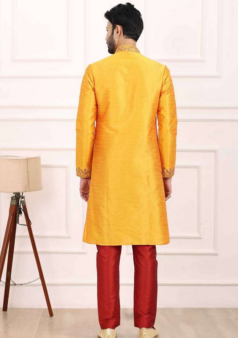 Yellow Embroidered Art Silk Blend Kurta Set For Men - Indya