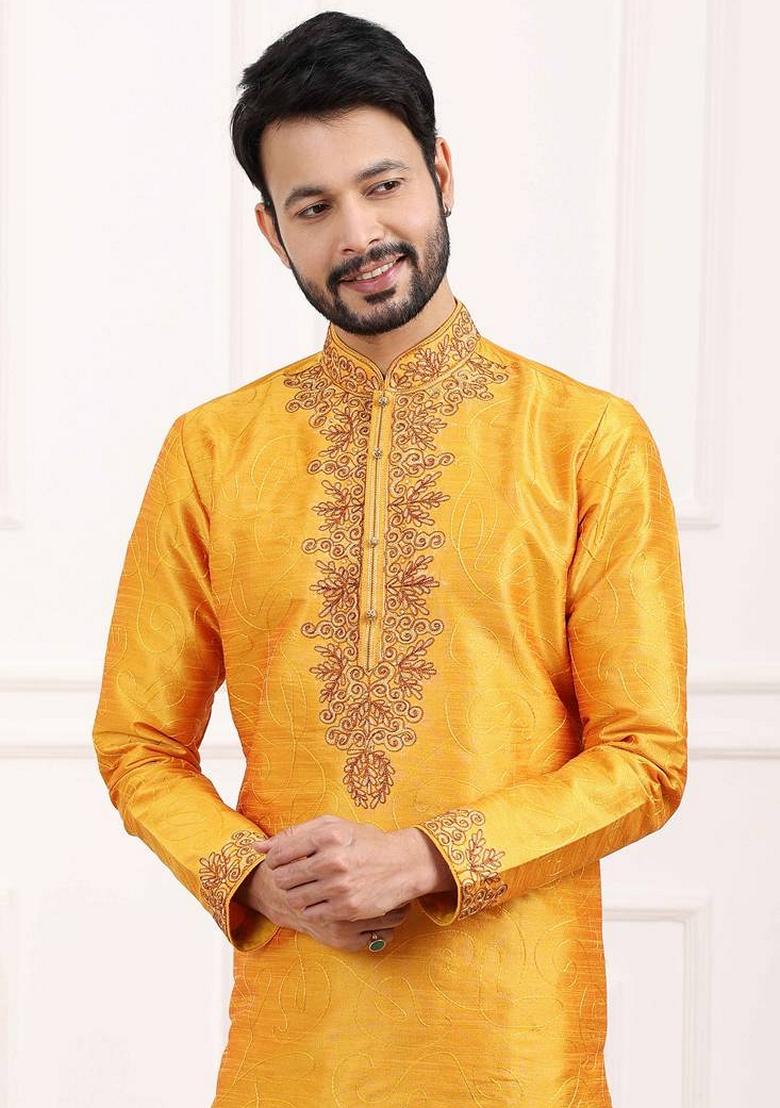 Yellow Embroidered Art Silk Kurta Set For Men