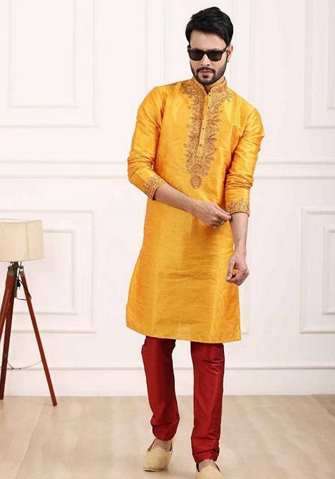 Yellow Embroidered Art Silk Kurta Set For Men