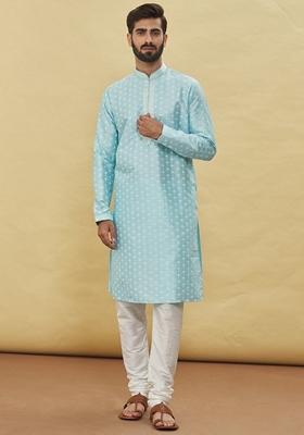 Sky Blue Embroidered Art Silk Kurta Set For Men