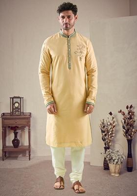 Lemon Yellow Embroidered Cotton Kurta Set For Men