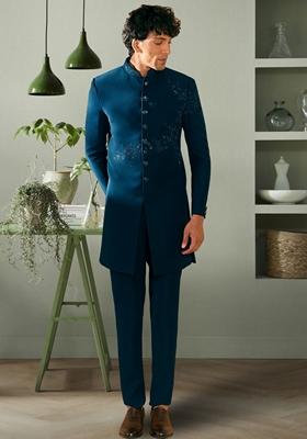 Sea Green Embroidered Poly Blend Bandhgala Set  For Men