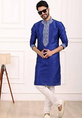 Blue Embroidered Art Silk Kurta Set For Men
