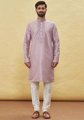 Pink Embroidered Art Silk Kurta Set For Men