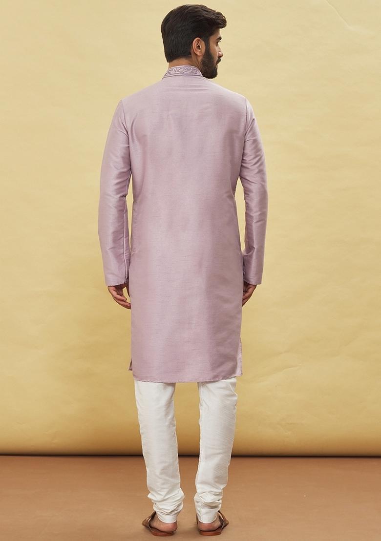 Pink Embroidered Art Silk Kurta Set For Men