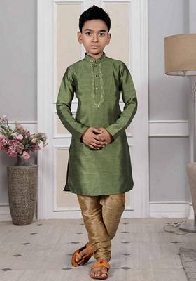 Mehendi Green Embroidered Art Silk Kurta Set For Men