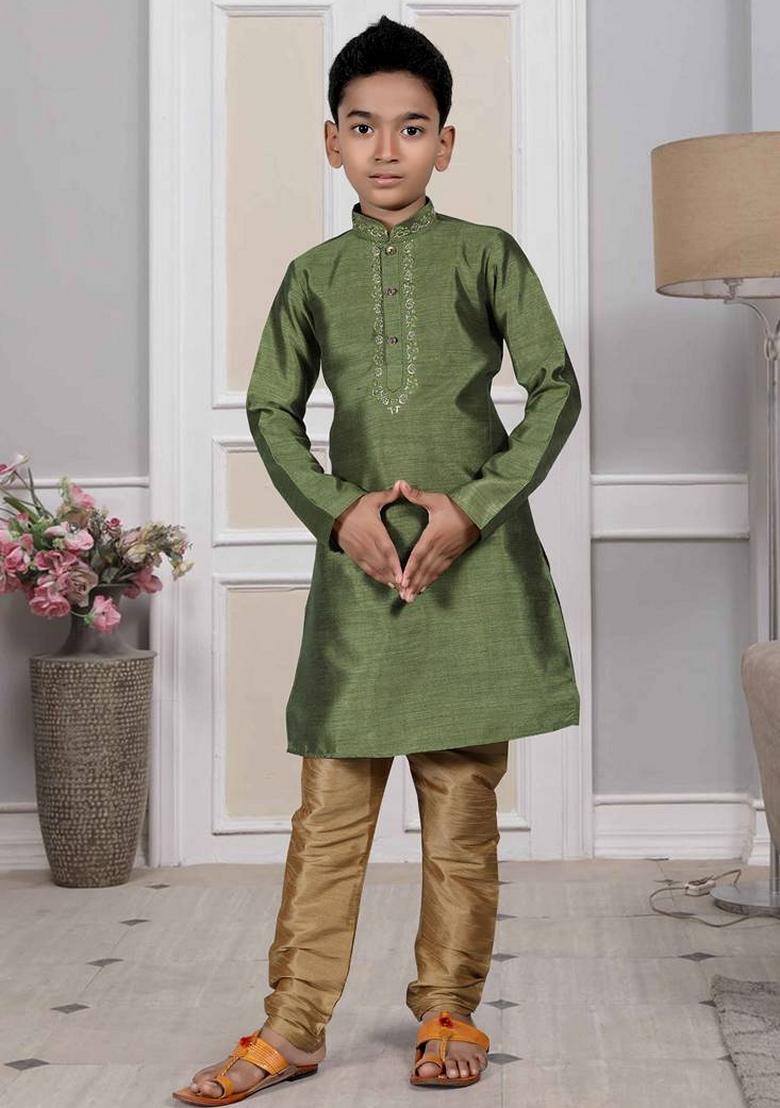 Mehendi Green Embroidered Art Silk Kurta Set For Men