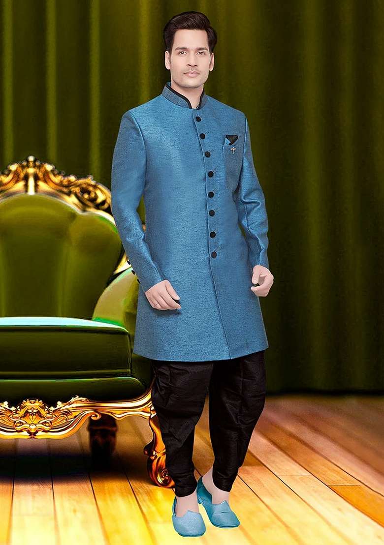 Sky Blue Embroidered Jute Sherwani Set For Men - Indya