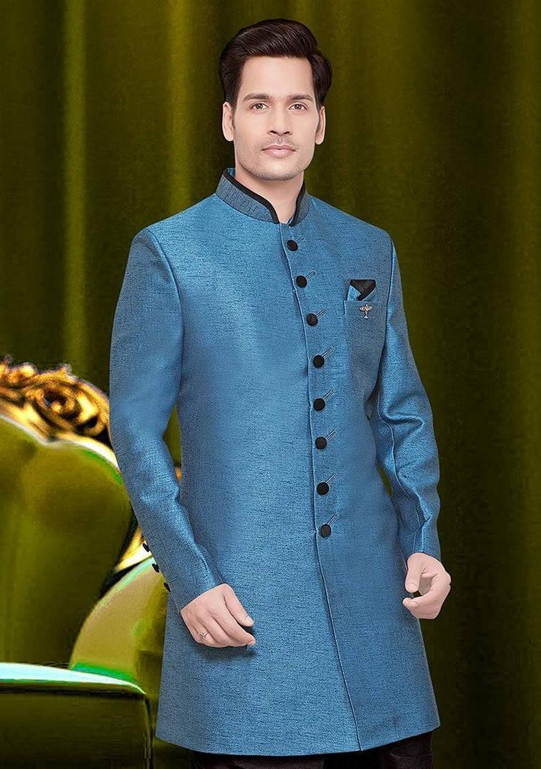 Sky Blue Embroidered Jute Sherwani Set For Men