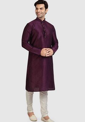 Wine  Embroidered Art Silk Kurta Set For Men
