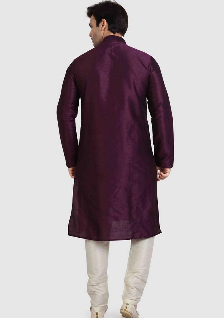 Wine  Embroidered Art Silk Kurta Set For Men