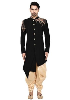 Black Embroidered Art Silk Sherwani Set For Men