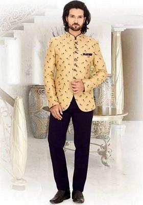 Beige Embroidered Art Silk Bandhgala Set  For Men