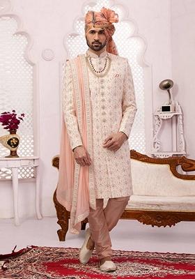 Pink Embroidered Art Silk Sherwani Set For Men