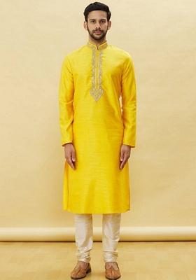Yellow Embroidered Art Silk Kurta Set For Men