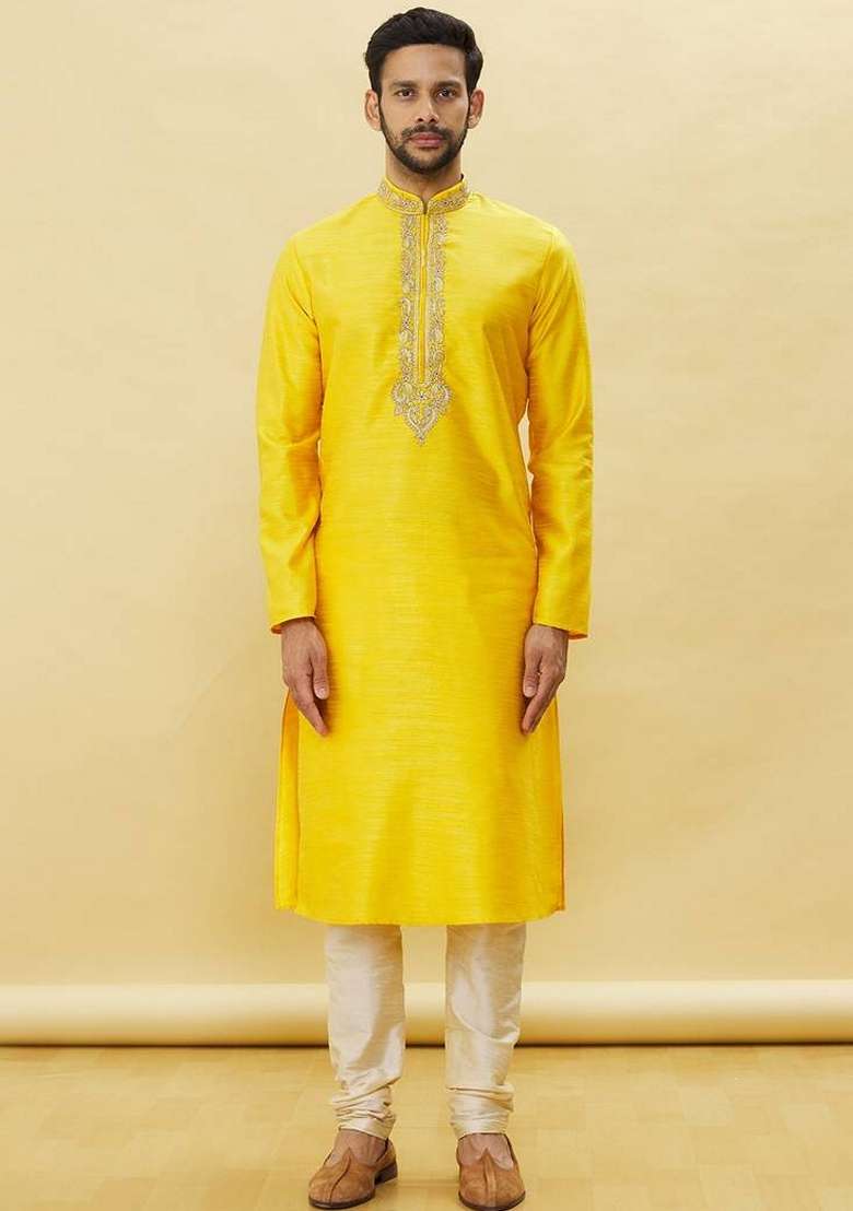 Yellow Embroidered Art Silk Blend Kurta Set For Men - Indya