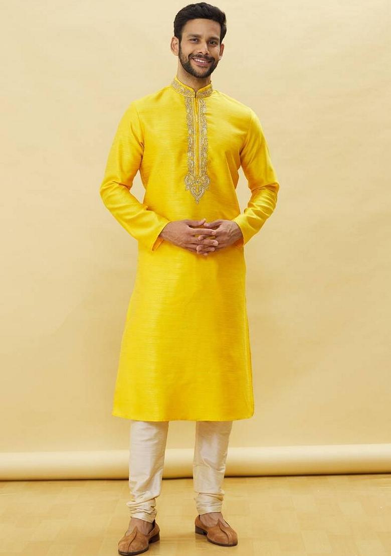 Yellow Embroidered Art Silk Kurta Set For Men