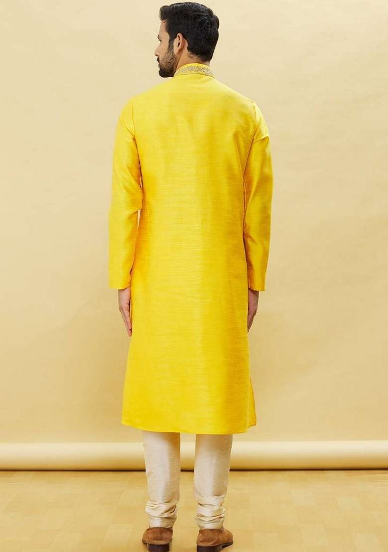 Yellow Embroidered Art Silk Blend Kurta Set For Men - Indya