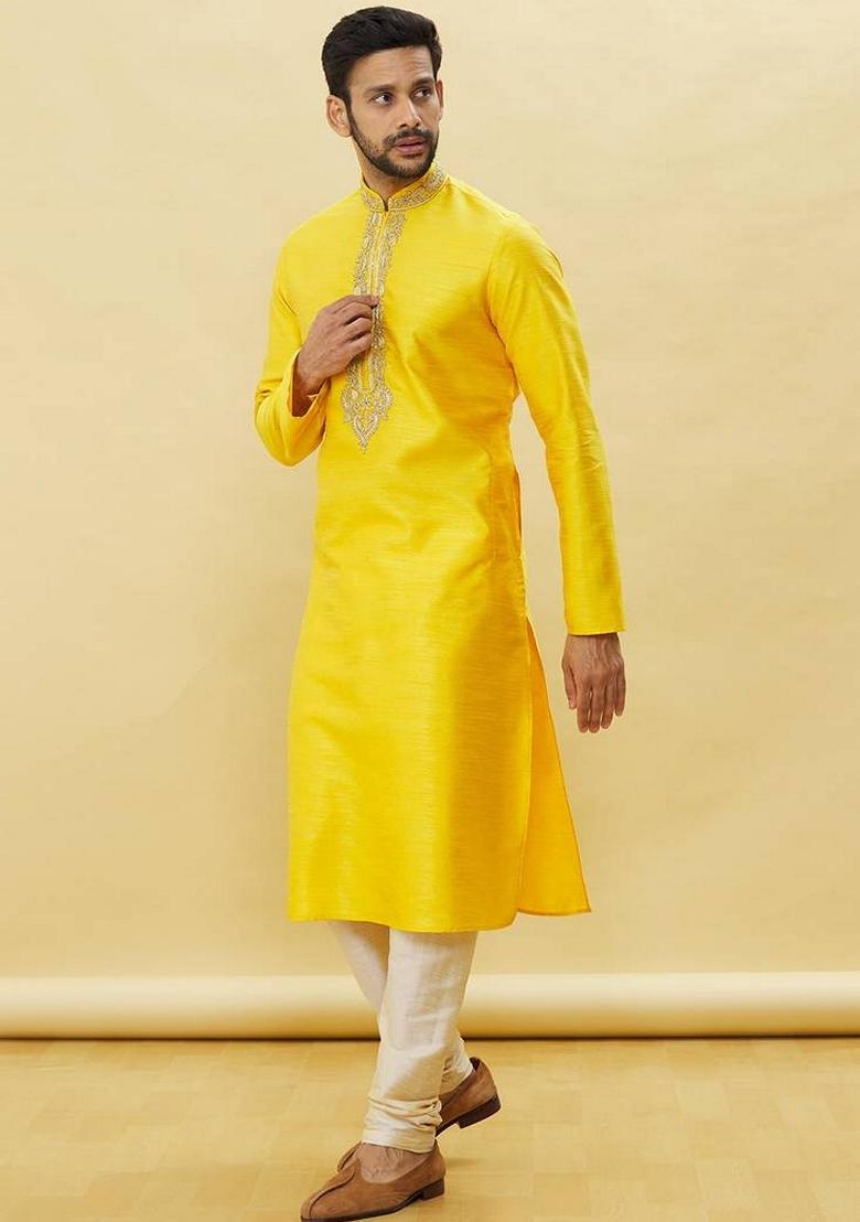 Yellow Embroidered Art Silk Kurta Set For Men