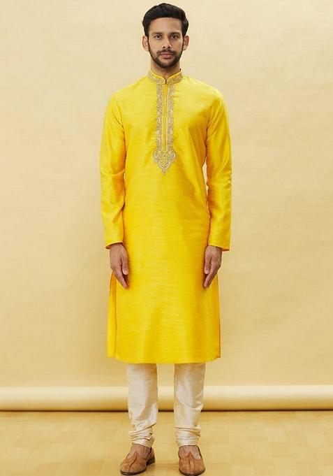 Yellow Embroidered Art Silk Kurta Set For Men