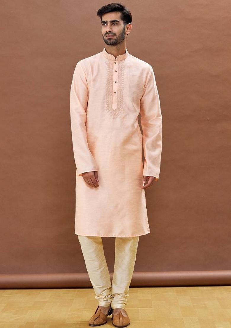 Pink Embroidered Art Silk Kurta Set For Men