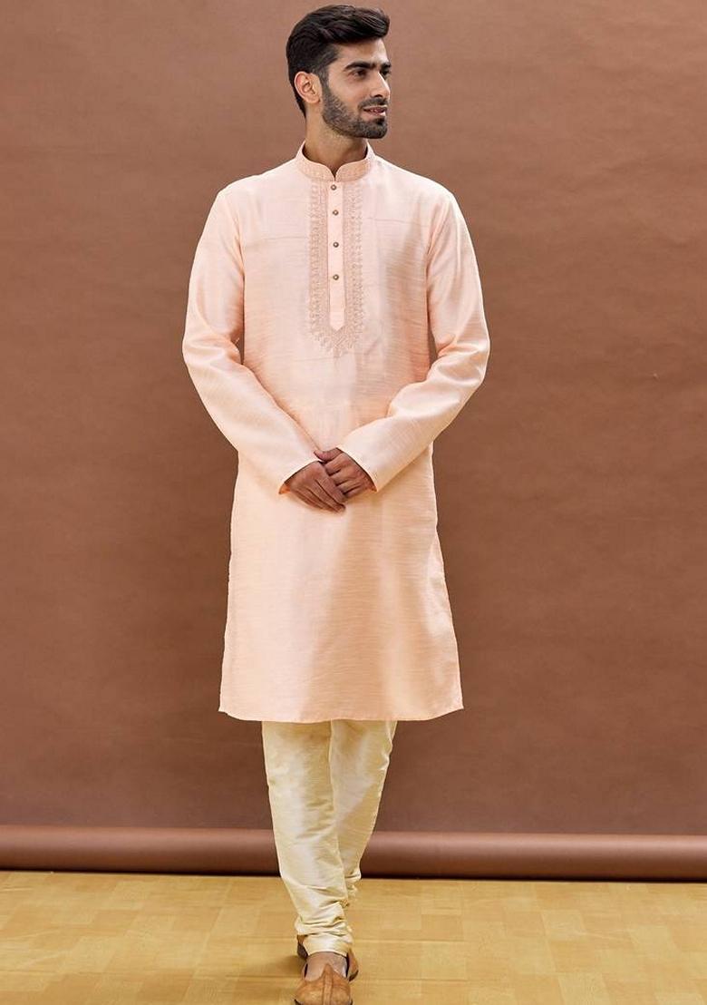 Pink Embroidered Art Silk Kurta Set For Men