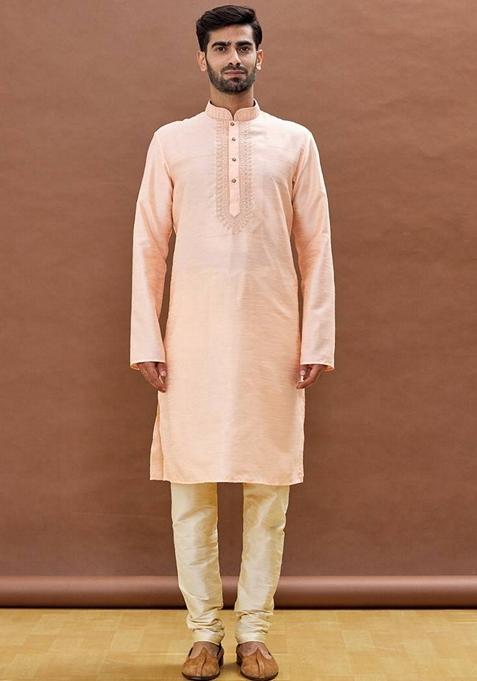 Pink Embroidered Art Silk Kurta Set For Men