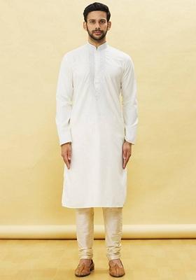 Off White Embroidered Art Silk Kurta Set For Men