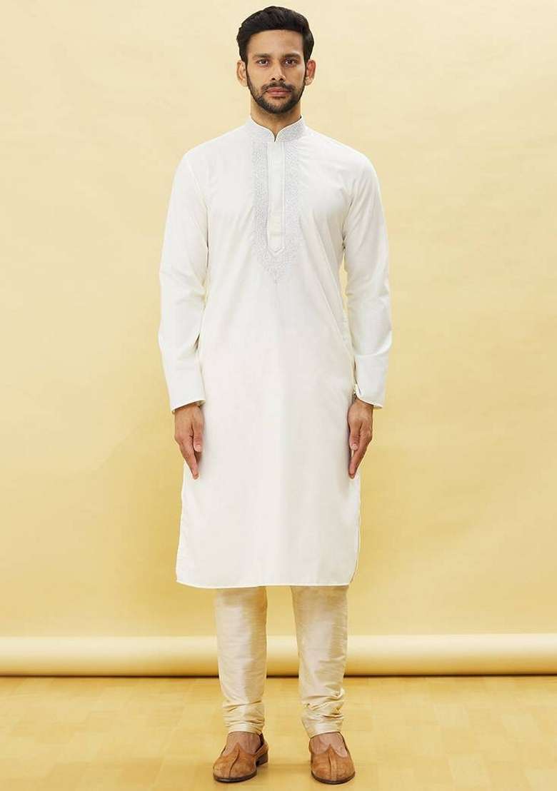 Off White Embroidered Art Silk Blend Kurta Set For Men - Indya