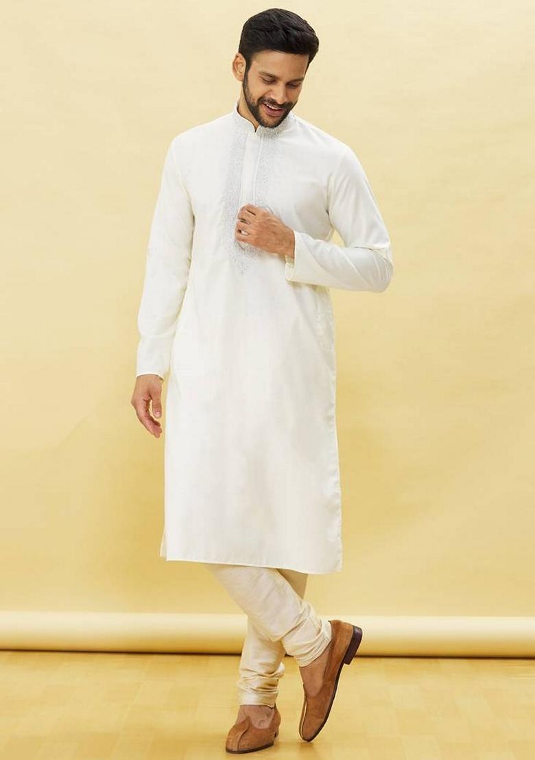 Off White Embroidered Art Silk Kurta Set For Men
