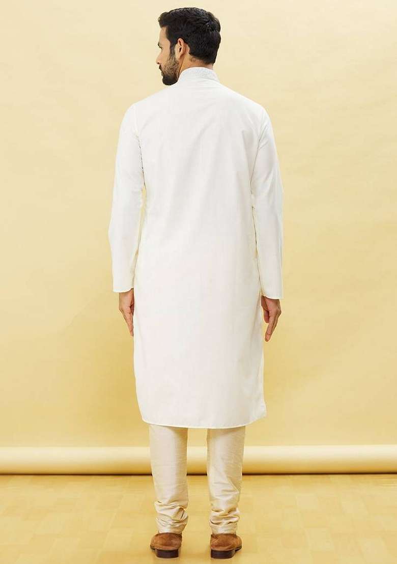 Off White Embroidered Art Silk Blend Kurta Set For Men - Indya