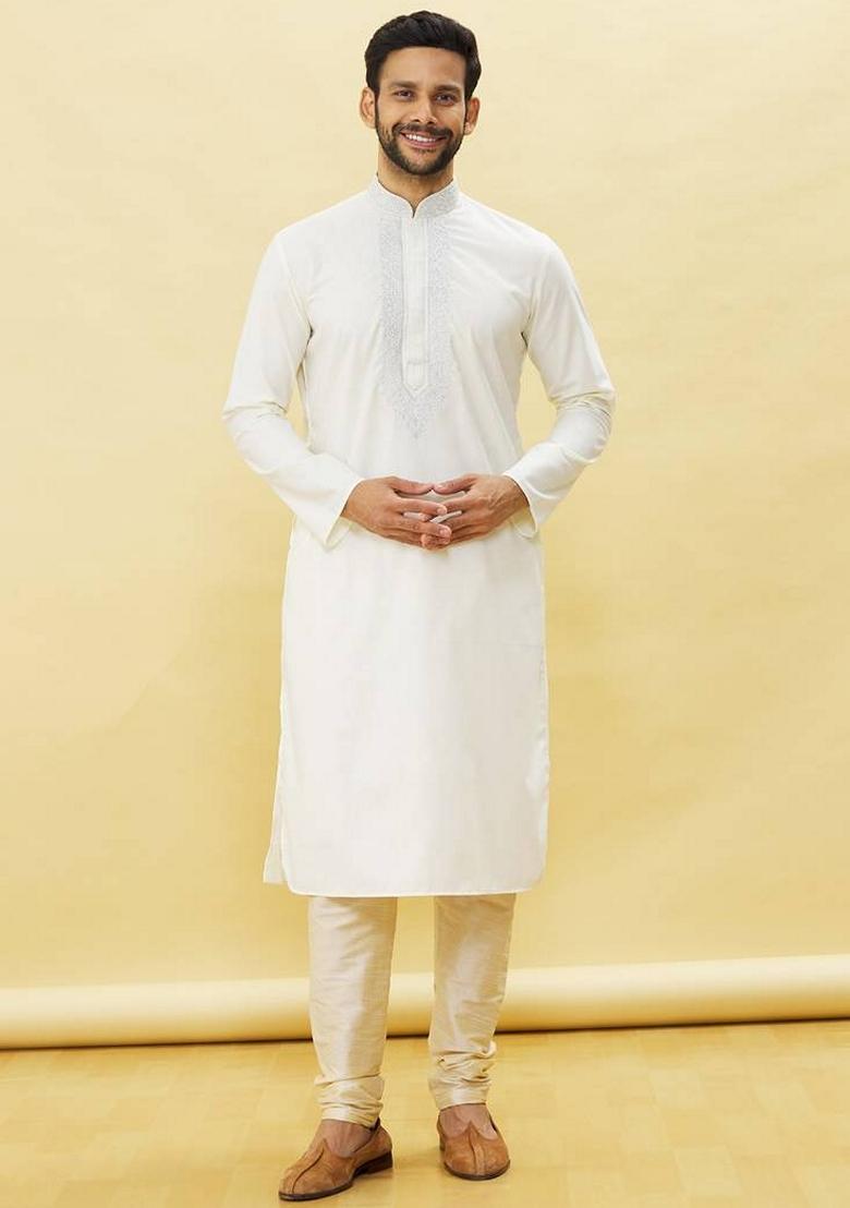 Off White Embroidered Art Silk Kurta Set For Men