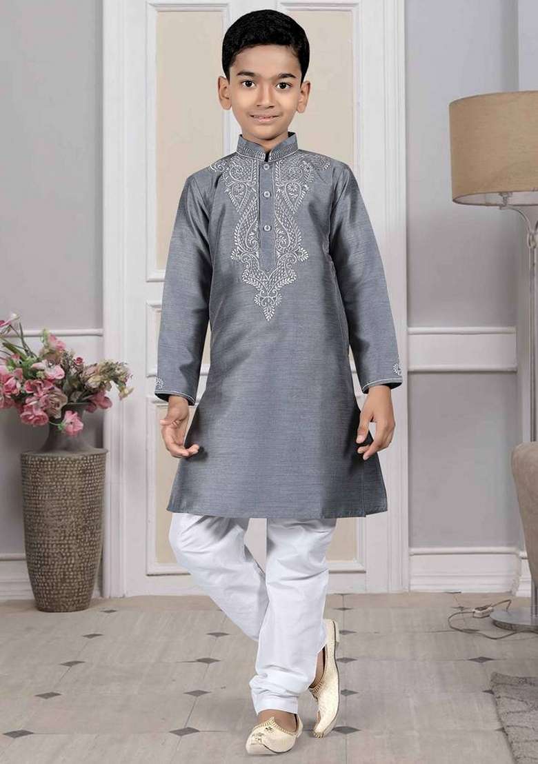 Grey Embroidered Art Silk Blend Kurta Set For Men - Indya