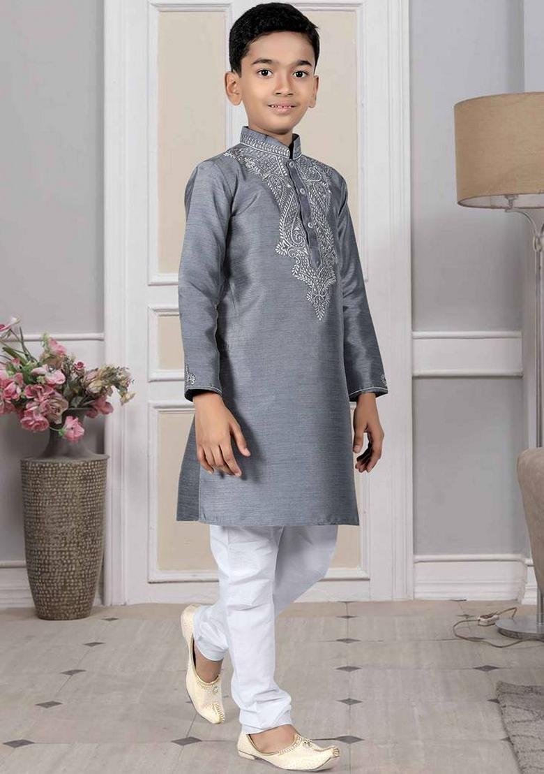 Grey Embroidered Art Silk Kurta Set For Men