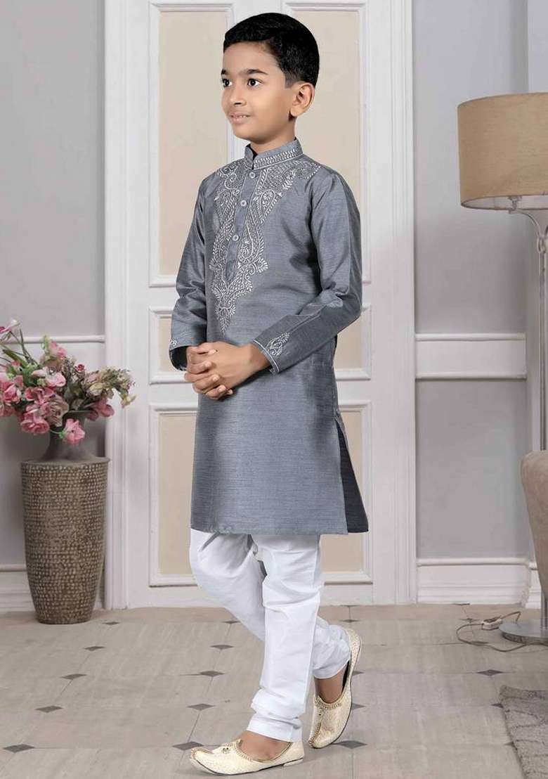 Grey Embroidered Art Silk Blend Kurta Set For Men - Indya