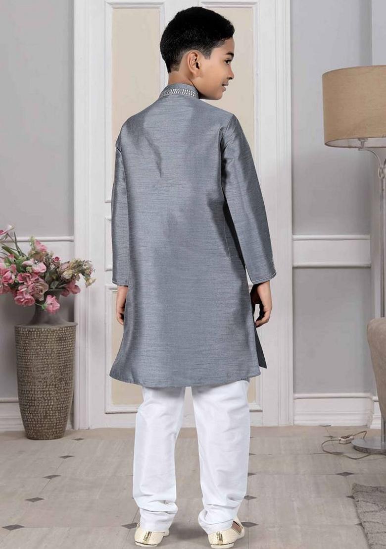 Grey Embroidered Art Silk Kurta Set For Men