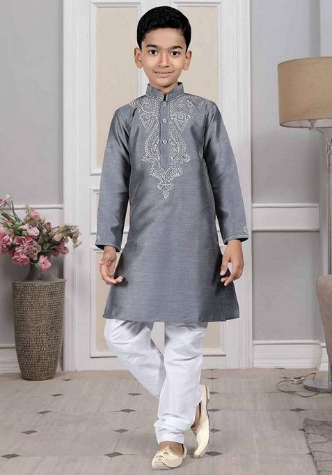 Grey Embroidered Art Silk Kurta Set For Men