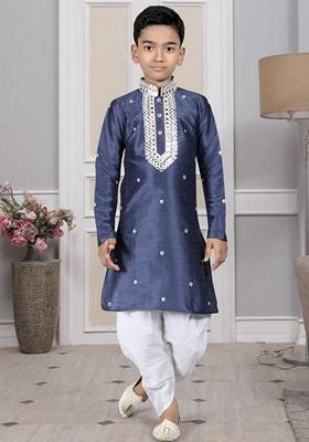 Navy Blue Embroidered Art Silk Kurta Set For Men