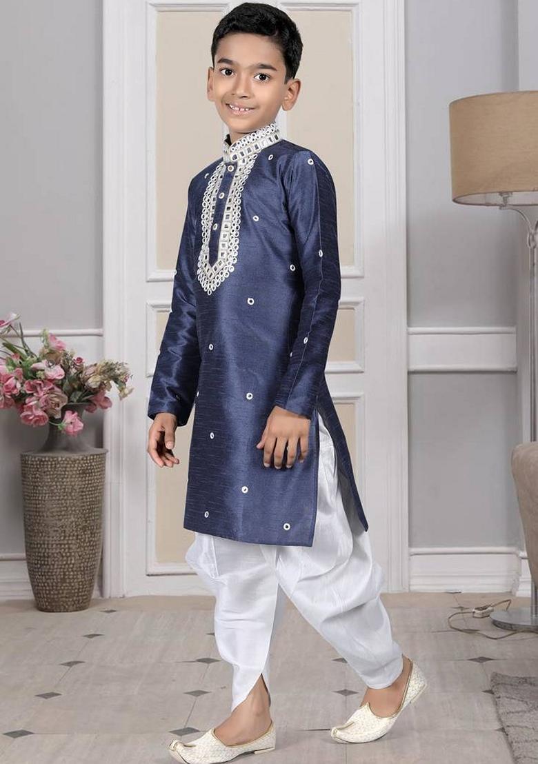 Navy Blue Embroidered Art Silk Kurta Set For Men