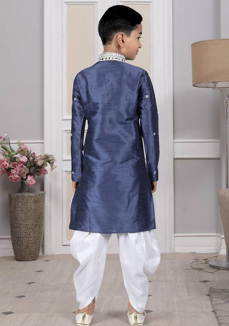 Navy Blue Embroidered Art Silk Kurta Set For Men