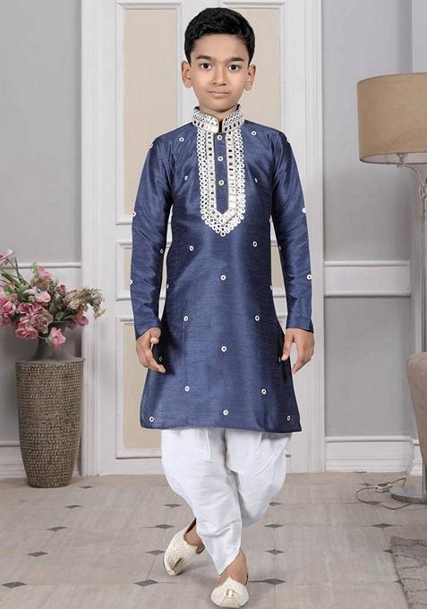 Navy Blue Embroidered Art Silk Kurta Set For Men