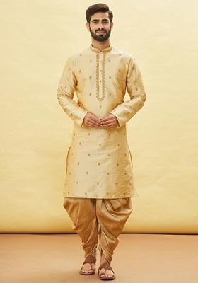 Fawn Orange Embroidered Art Silk Kurta Set For Men