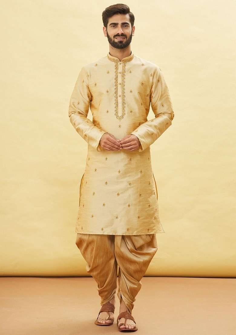 Fawn Orange Embroidered Art Silk Blend Kurta Set For Men - Indya