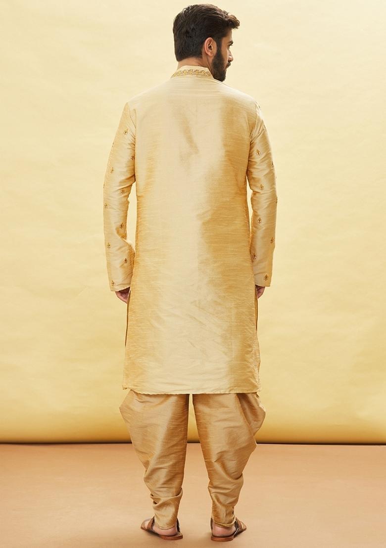Fawn Orange Embroidered Art Silk Kurta Set For Men
