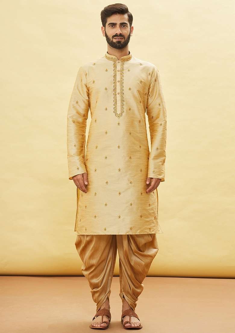 Fawn Orange Embroidered Art Silk Blend Kurta Set For Men - Indya