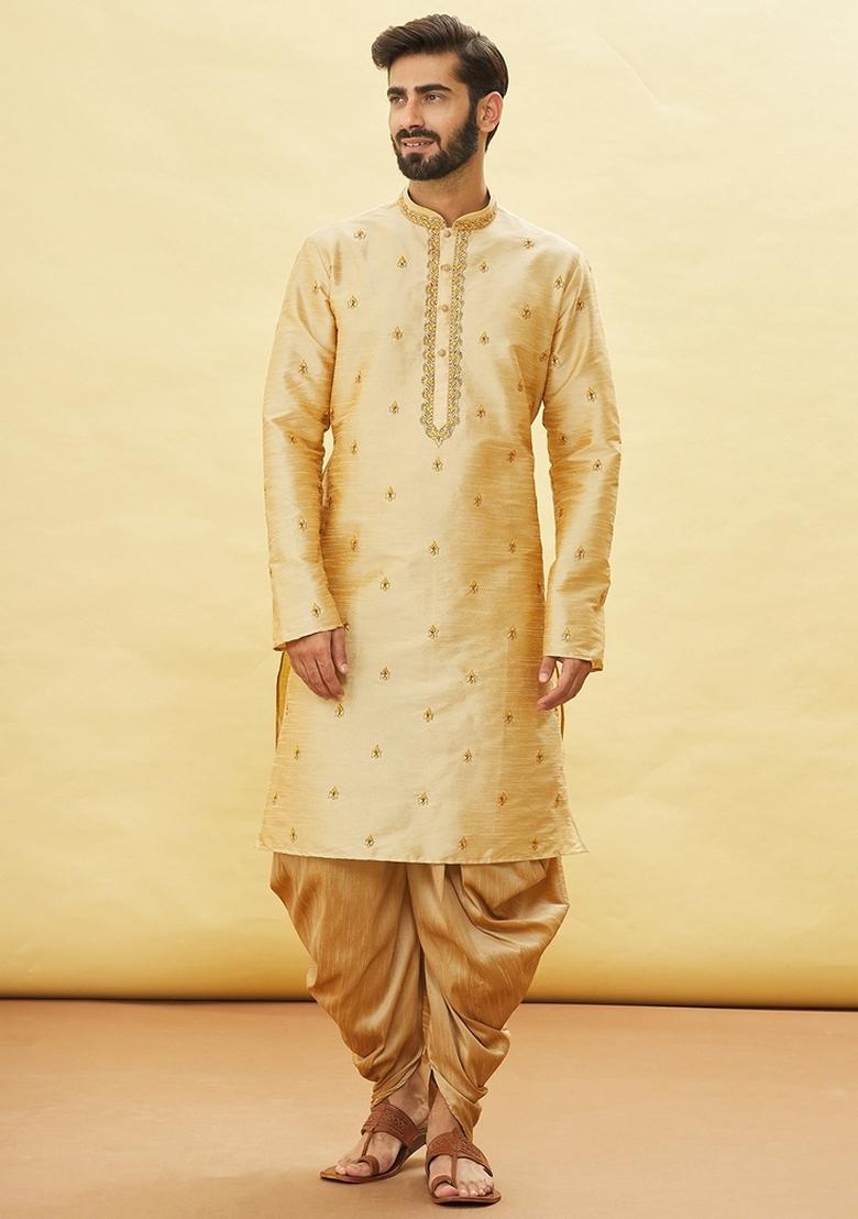 Fawn Orange Embroidered Art Silk Kurta Set For Men