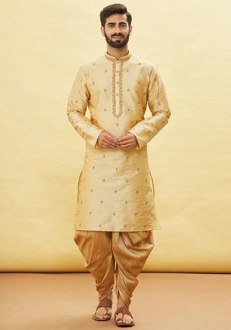 Fawn Orange Embroidered Art Silk Kurta Set For Men