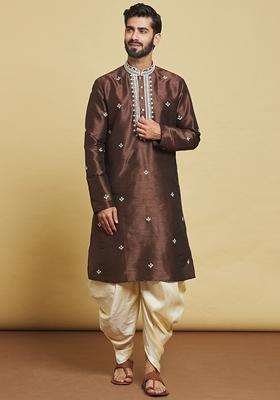 Brown Embroidered Art Silk Kurta Set For Men