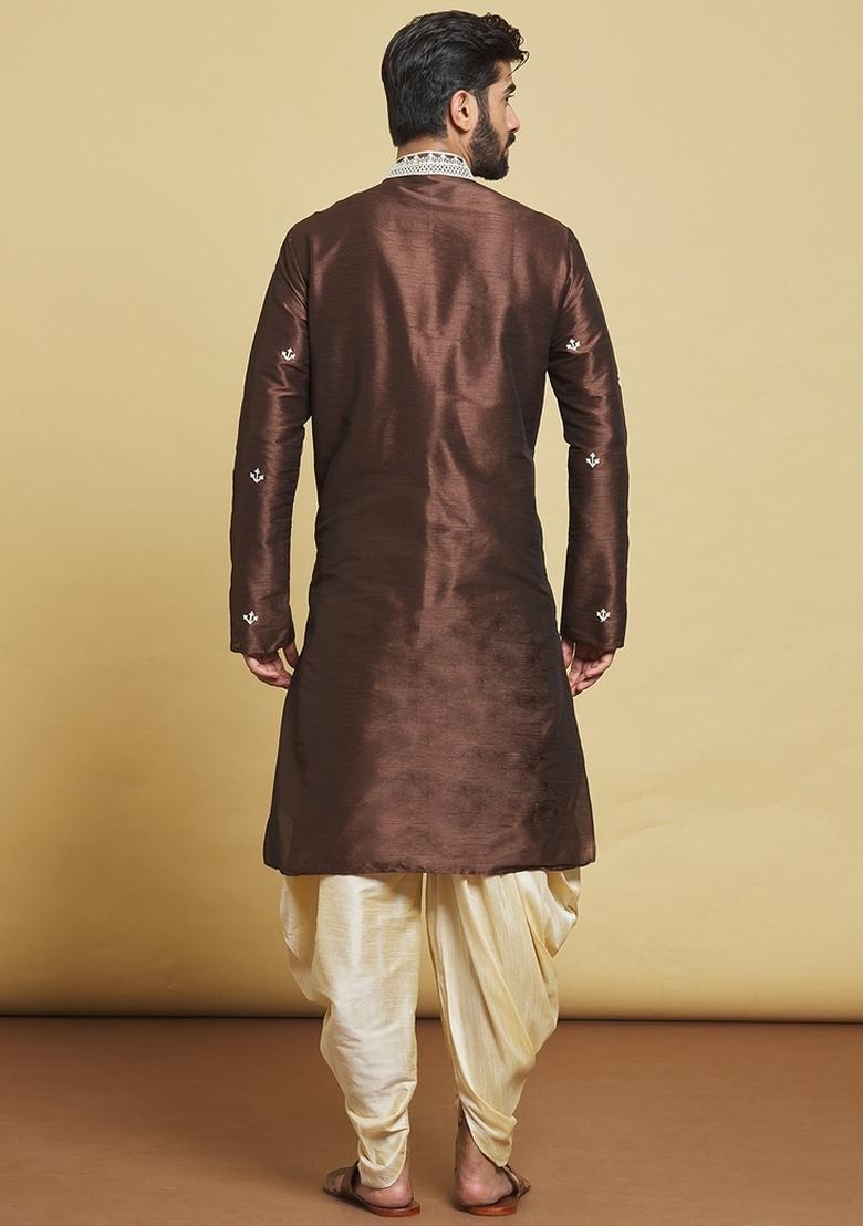 Brown Embroidered Art Silk Kurta Set For Men