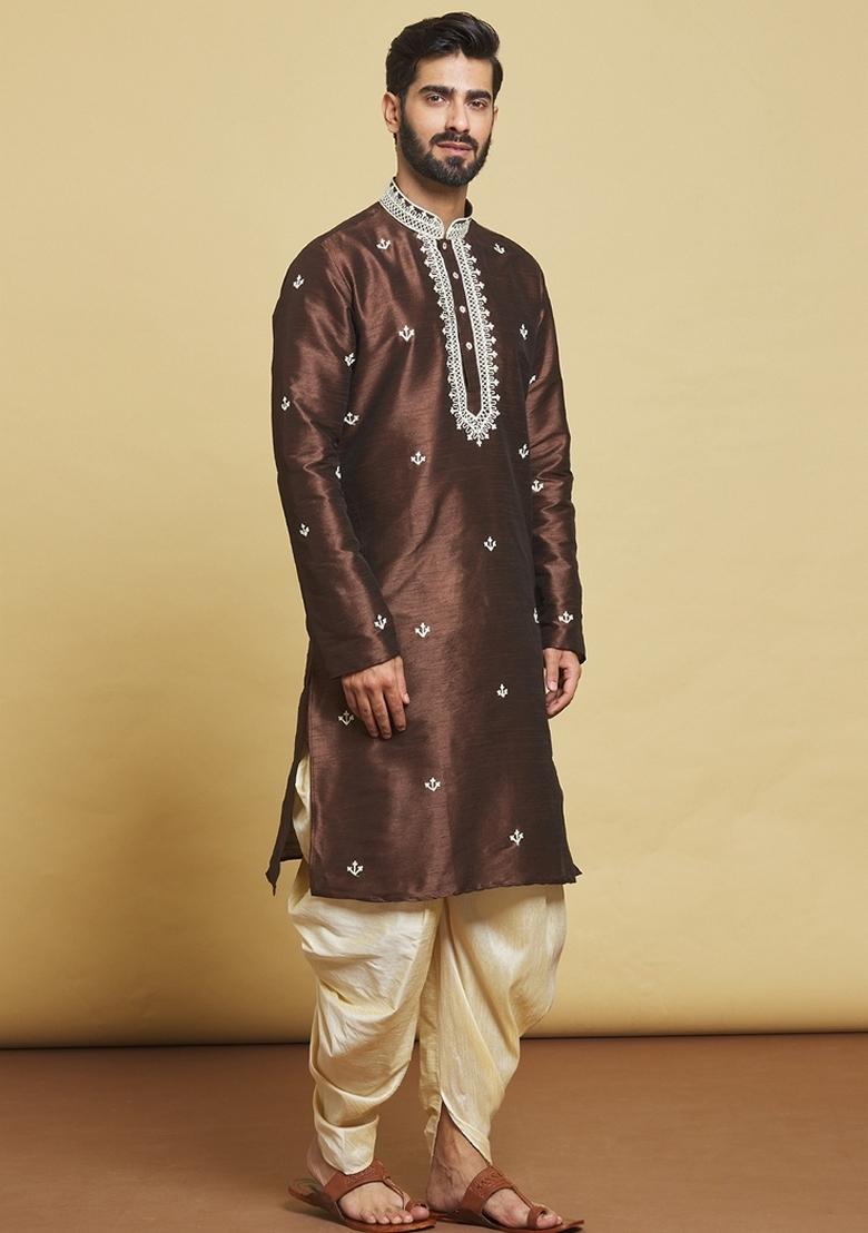 Brown Embroidered Art Silk Kurta Set For Men